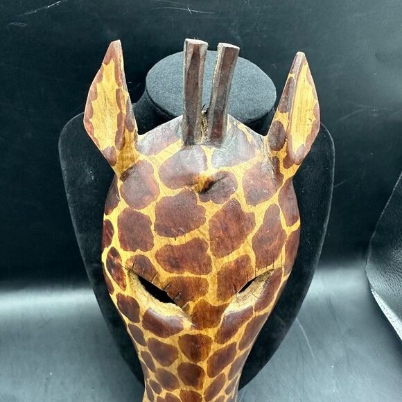 Vintage Giraffe Mask Hand Carved Wood Painted African Wall Decor Art Brown - Picture 3 of 16